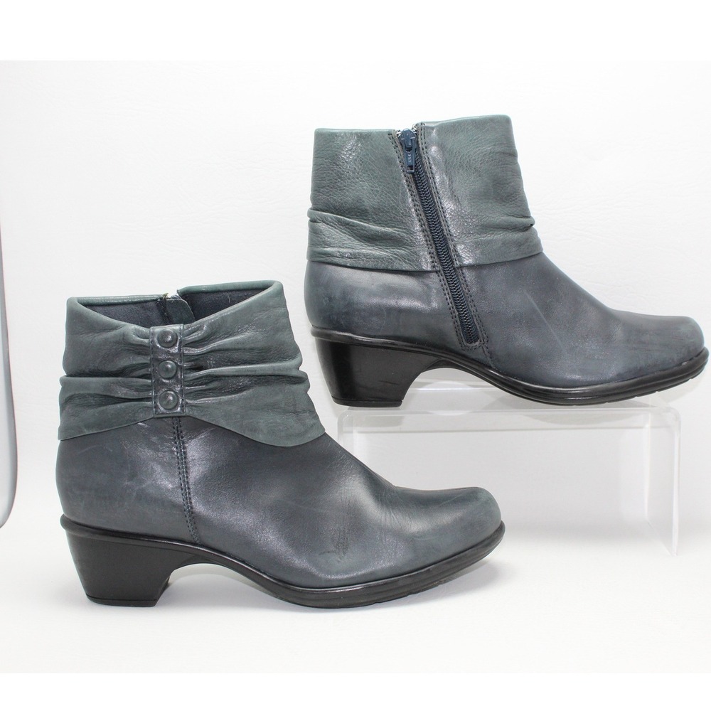 Clarks Indigo Women 8.5 M Blue Grey Ruched Leather Ankle Boots 39404